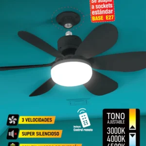 Abanico De Techo HOTECHE 20" Socket Negro E27 Con Luz Led Tono Ajustable 6 Aspas